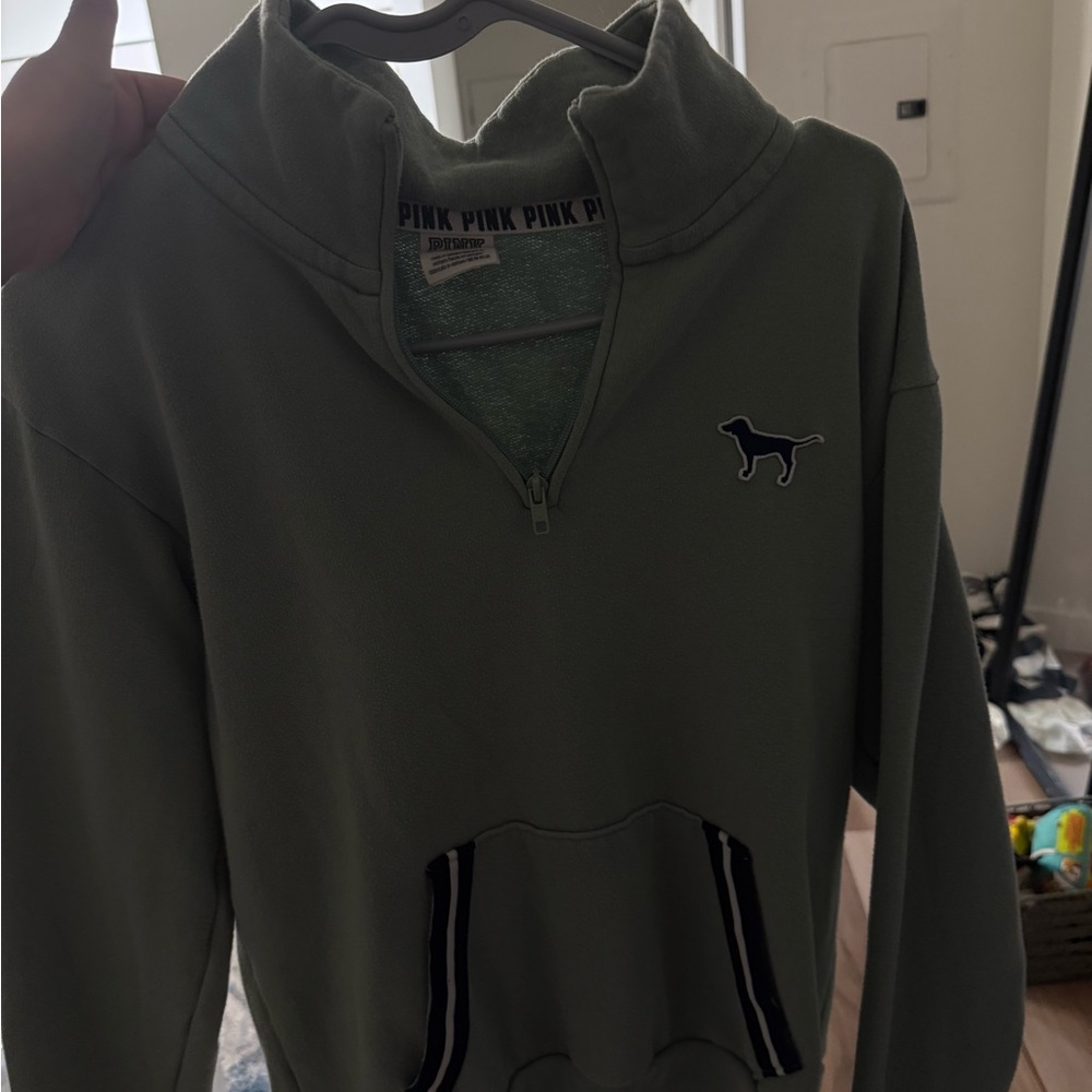 Green Quarter-Zip Pullover with Dog Emblem